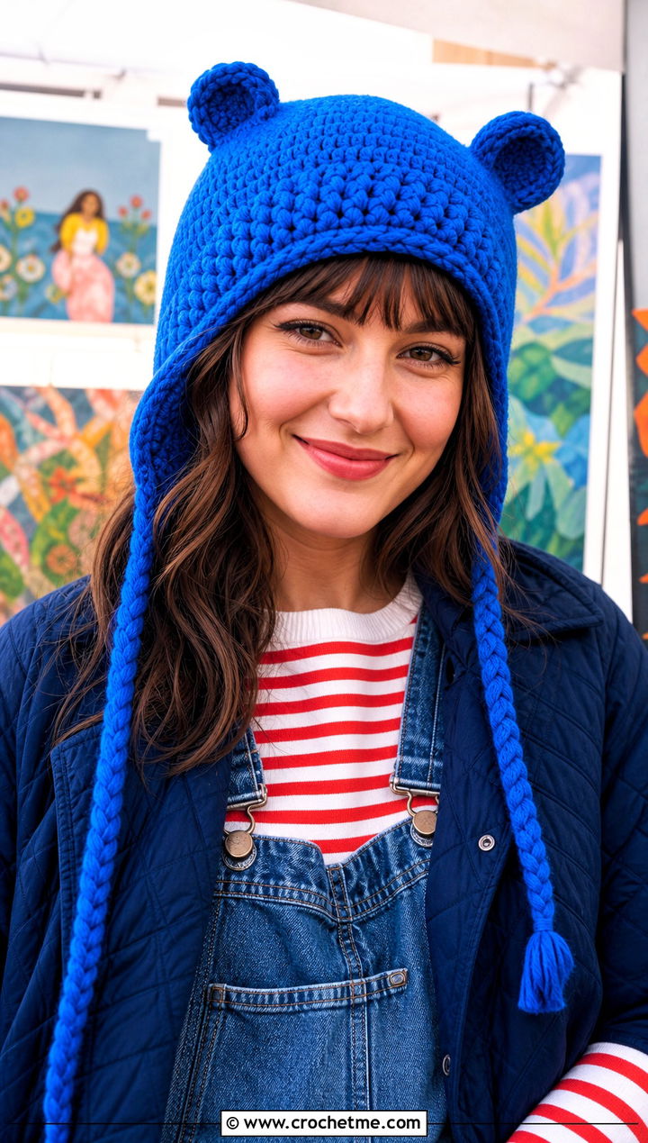 Animal Ear Flap Beanie With Overalls - 30 crochet ear flap beanie outfit ideas