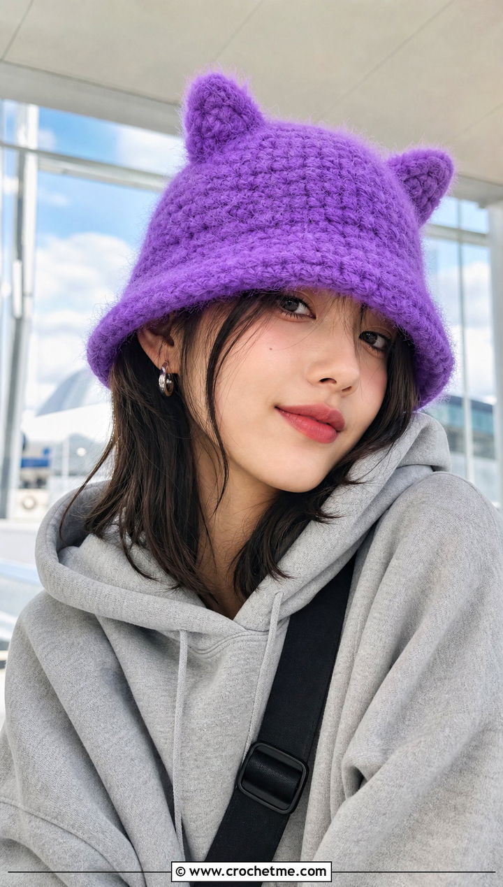 Animal Ear Fuzzy Crochet Bucket Hat With Oversized Hoodie - 25 fuzzy crochet bucket hat outfit ideas
