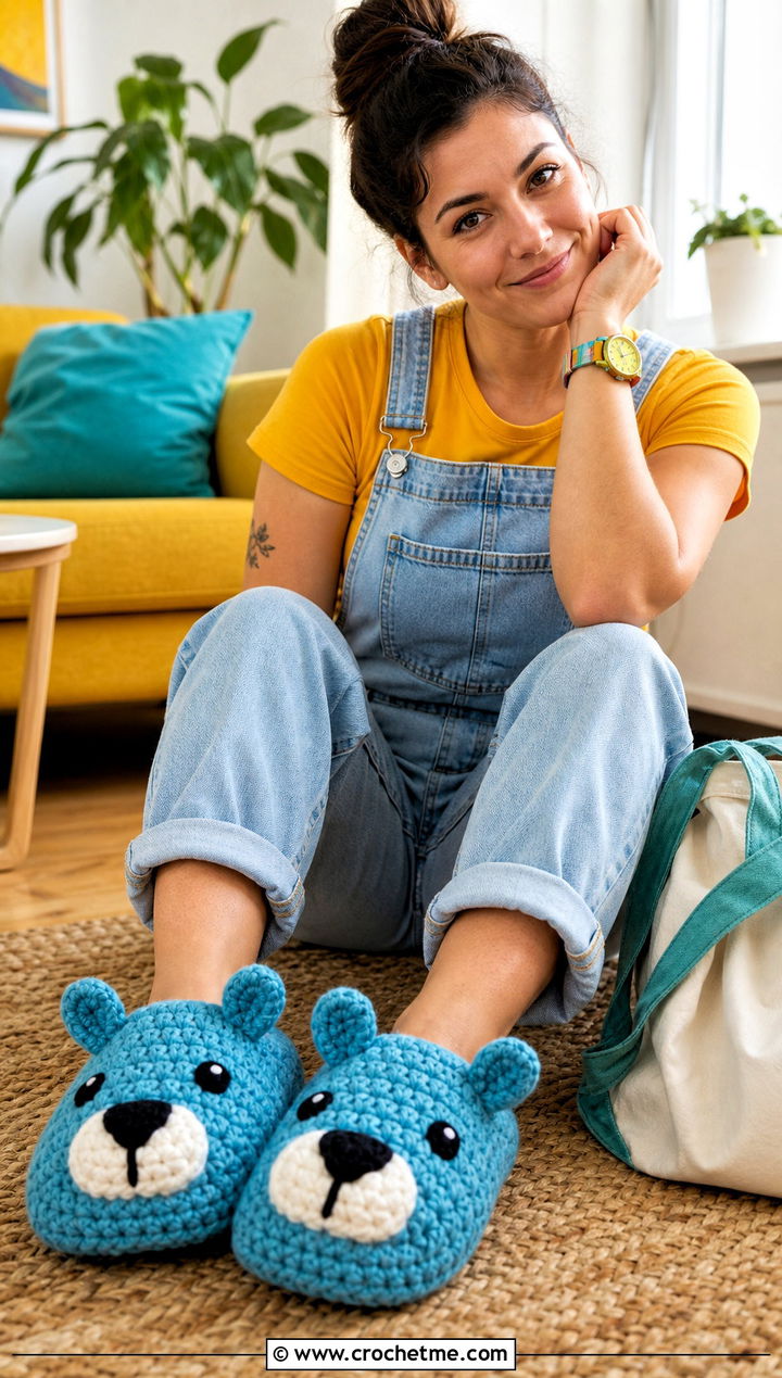 Animal Face Chunky Crochet Slippers With Overalls and T Shirt - 30 chunky crochet slippers outfit ideas
