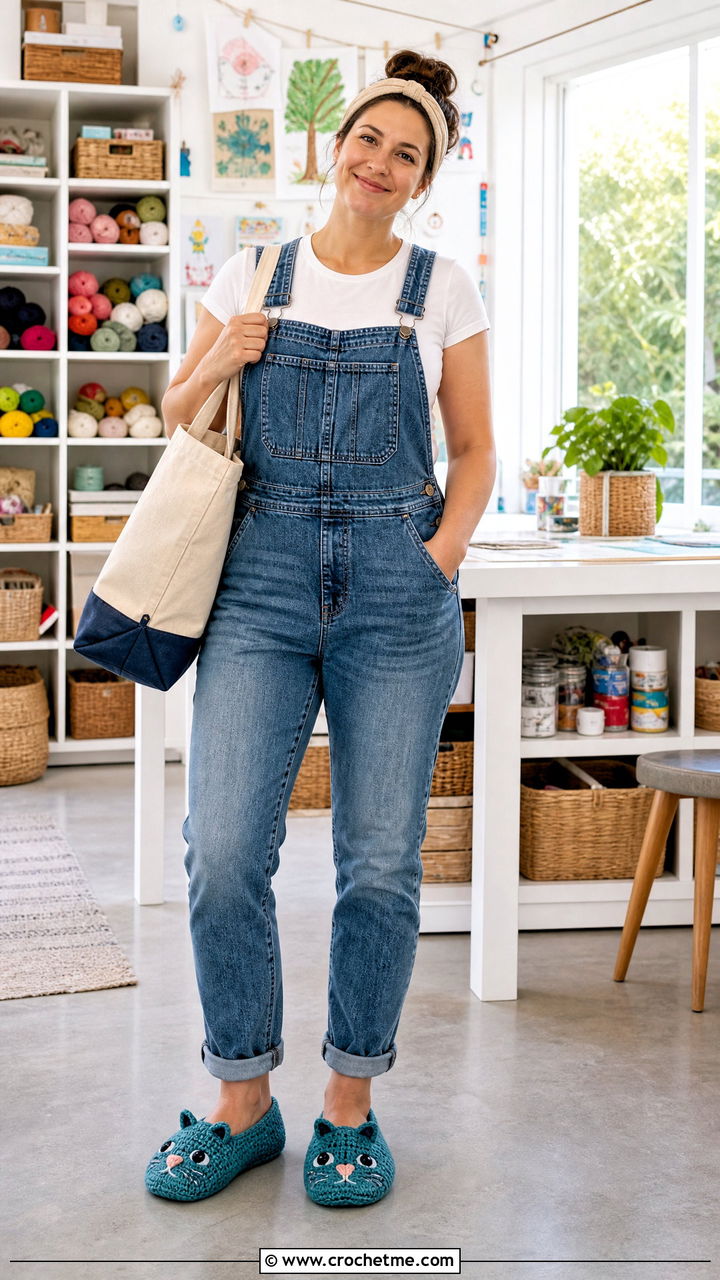 Animal Face Crochet Slippers With Denim Overalls - 35 easy crochet slippers adult outfit ideas