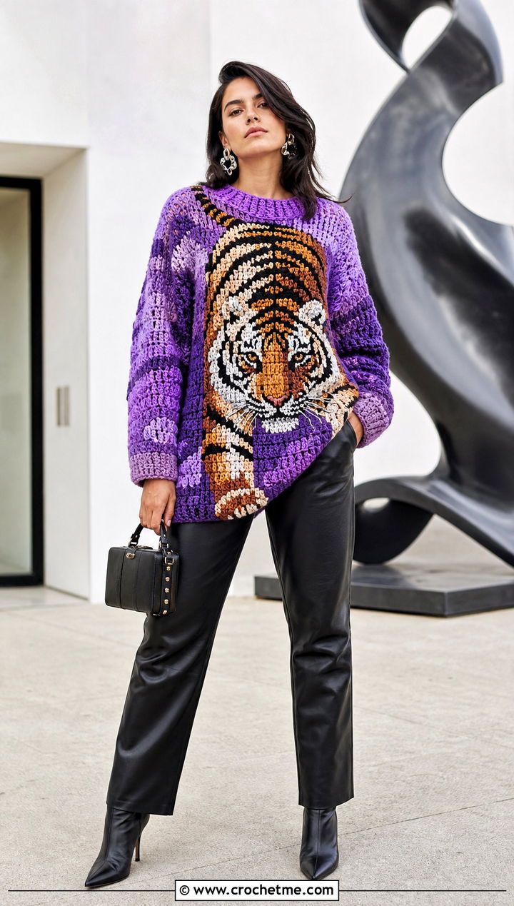 Animal Graphic Tapestry Crochet Jumper With Leather Pants - 30 Tapestry Crochet Jumper outfit ideas