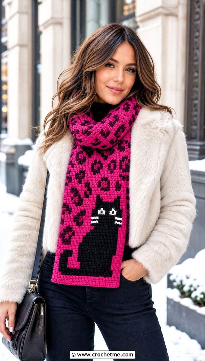 Animal Motif C C Scarf With Faux Fur Jacket And Jeans - 35 c2c crochet scarf outfit ideas
