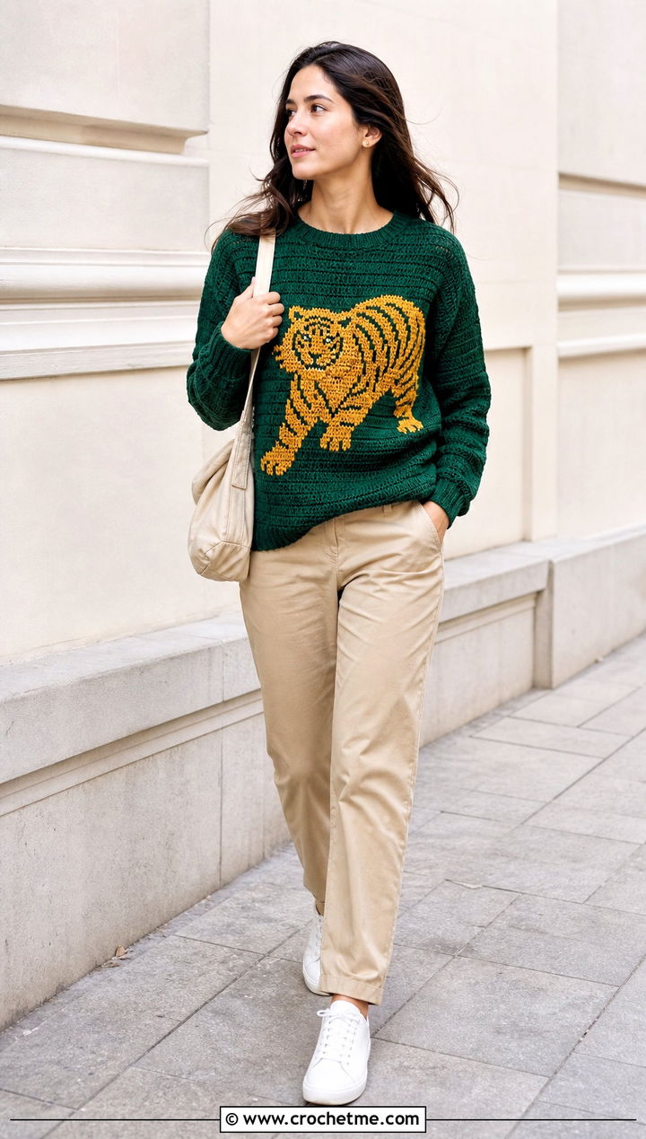 Animal Motif Crochet Graphic Sweater With Khaki Chinos - 30 crochet graphic sweater outfit ideas