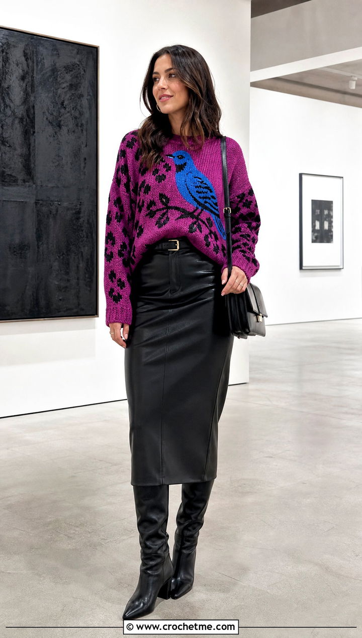 Animal Motif Crochet Sweater With Leather Midi Skirt - 25 Patterned Crochet Sweater outfit ideas