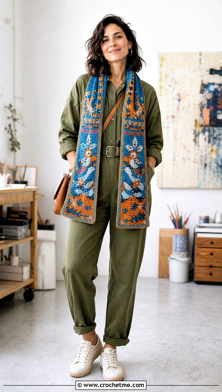 Animal Motif Tapestry Crochet Scarf With Utility Jumpsuit - 35 tapestry crochet scarf outfit ideas
