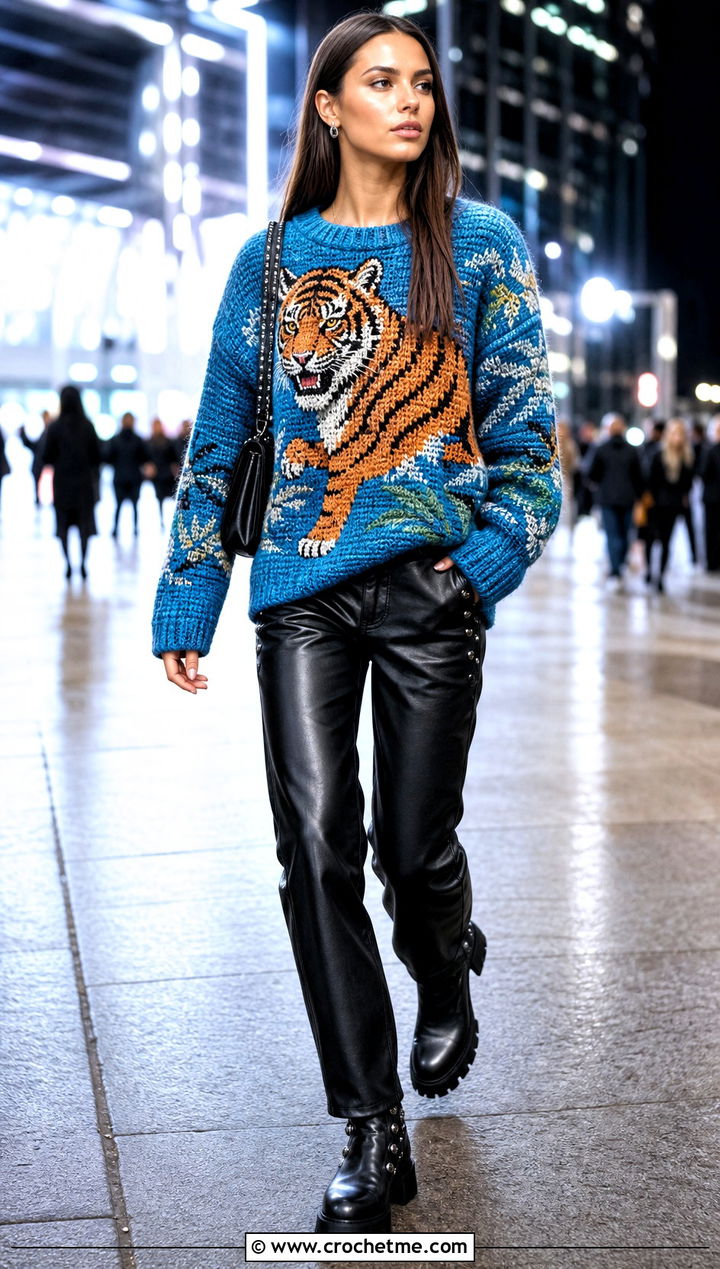 Animal Motif Tapestry Crochet Sweater With Leather Pants - 30 tapestry crochet sweater outfit ideas
