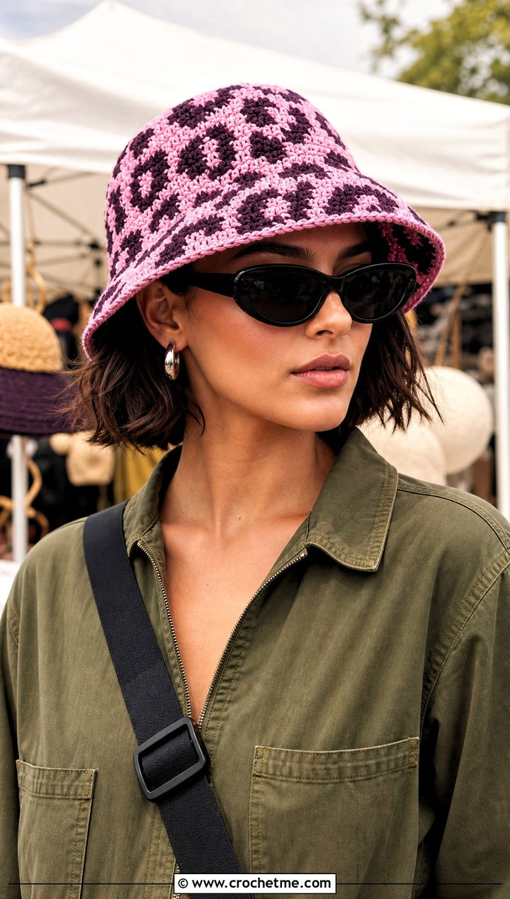 Animal Print Crochet Bucket Hat With Utility Jumpsuit - 30 easy crochet bucket hat outfit ideas