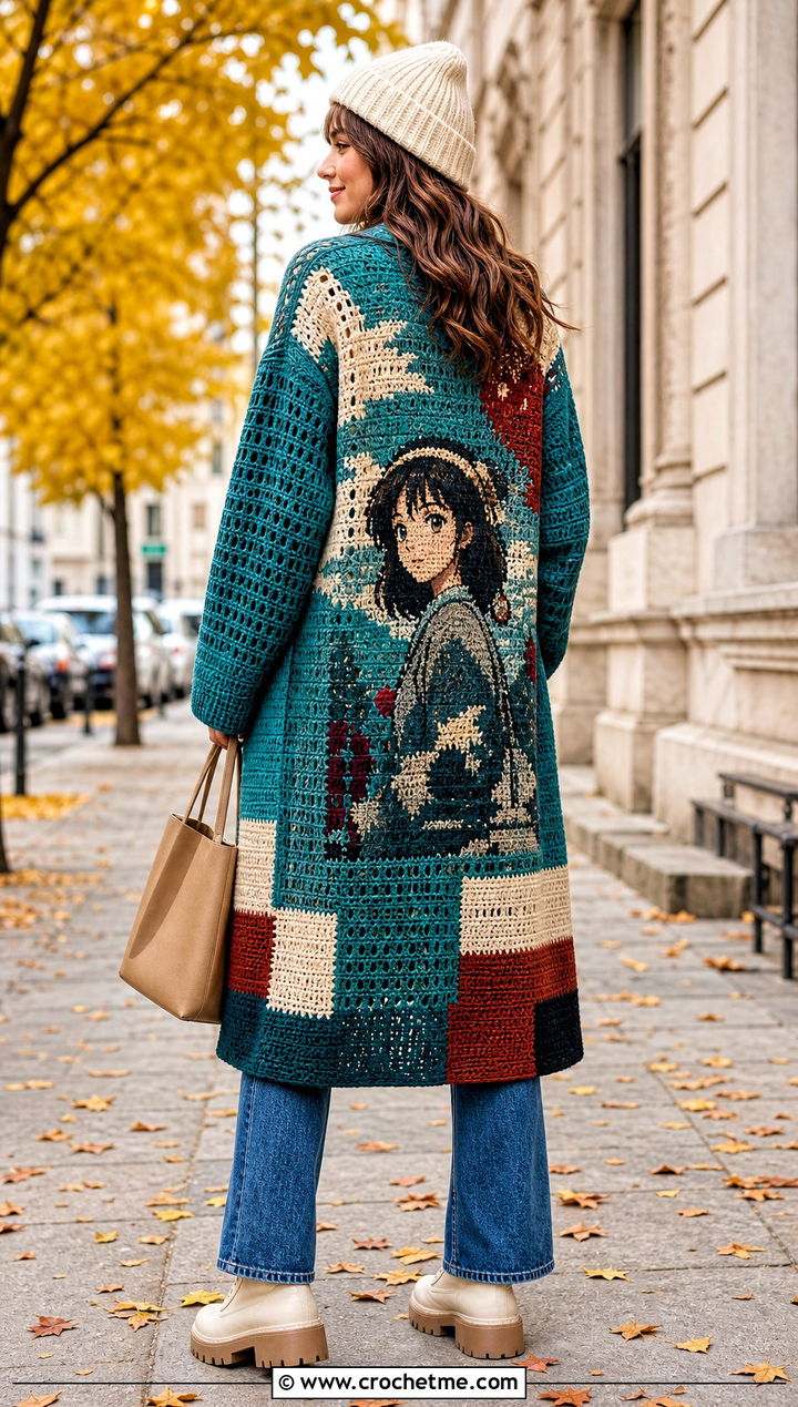 Anime Crochet Coatigan With Straight Leg Jeans - 30 anime crochet cardigan outfit ideas