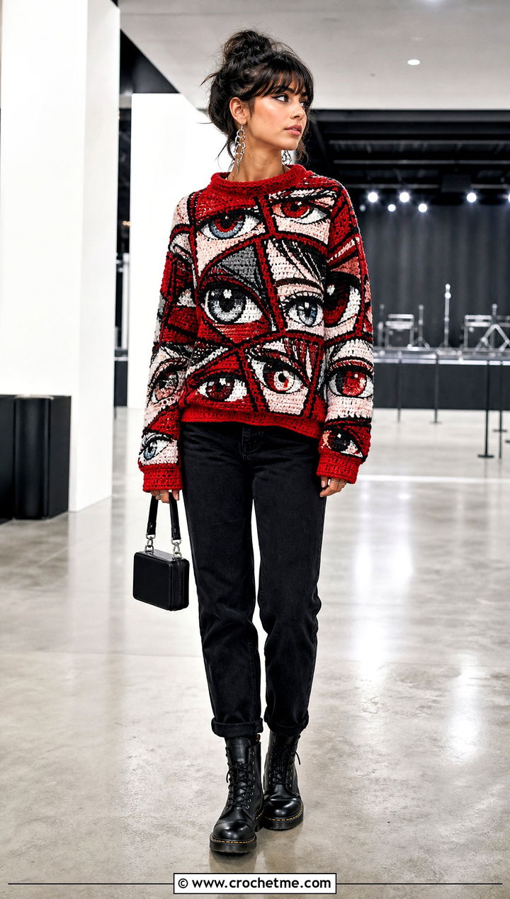 Anime Eye Mosaic Crochet Sweater With Black Jeans - 30 Anime Crochet Sweater outfit ideas