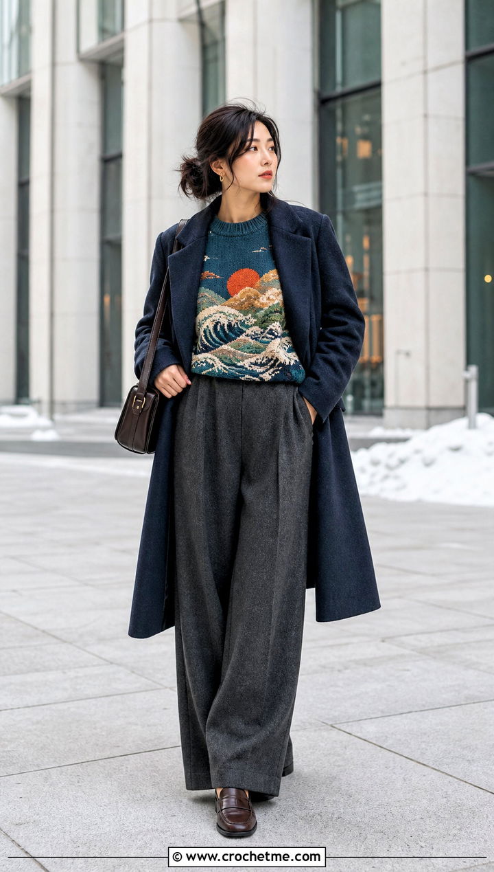 Anime Landscape Crochet Sweater With Wool Trousers - 30 Anime Crochet Sweater outfit ideas