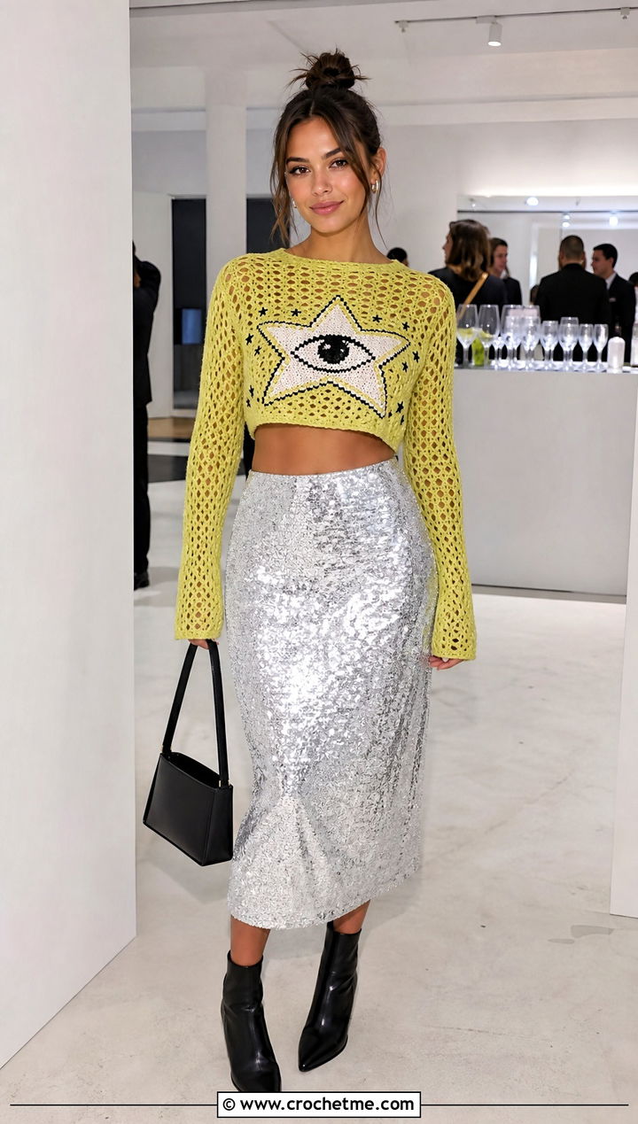 Anime Motif Cropped Crochet Sweater With Sequin Skirt - 30 Anime Crochet Sweater outfit ideas