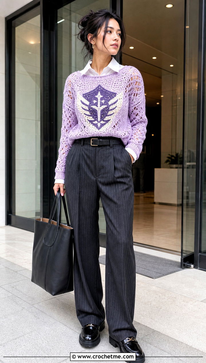 Anime Symbol Crochet Sweater With Pinstripe Trousers - 30 Anime Crochet Sweater outfit ideas