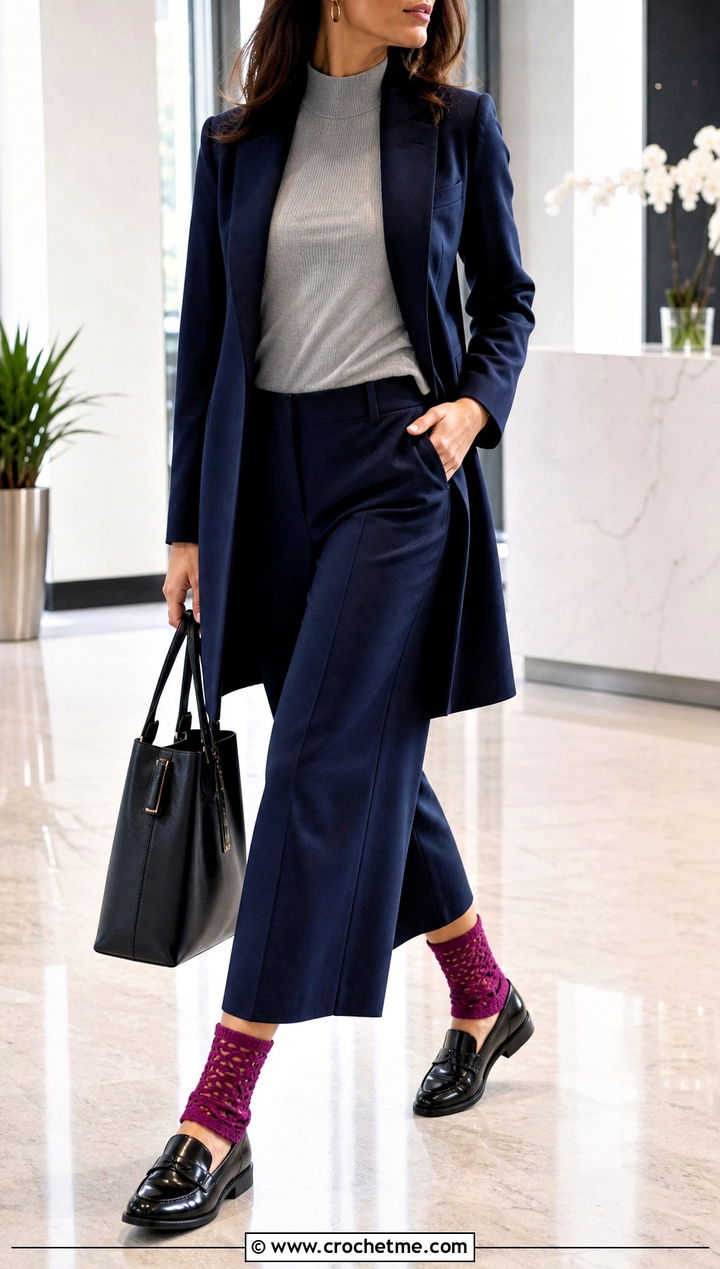 Ankle Crochet Leg Warmers With Wide Leg Trousers And Loafers - 25 Crochet Legwarmer outfit ideas