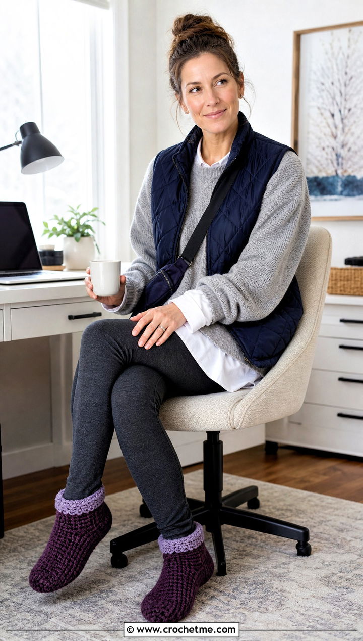 Ankle Cuff Crochet Slippers With A Layered Winter Outfit - 35 easy crochet slippers outfit ideas
