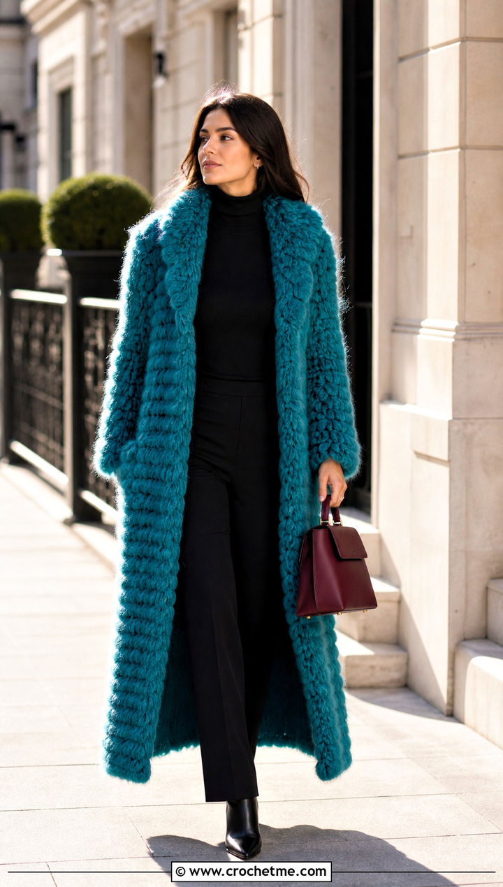 Ankle Length Crochet Fur Coat Jacket With Monochrome Basics - 30 crochet fur jacket outfit ideas