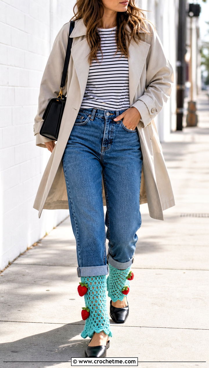 Ankle Length Crochet Strawberry Leg Warmers With Cuffed Jeans - 15 Crochet Strawberry Leg Warmers outfit ideas