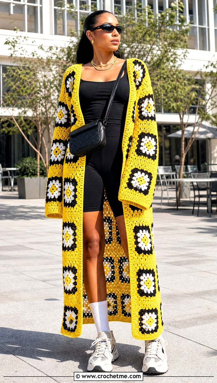 Ankle Length Granny Square Duster With Bike Shorts - 35 granny square duster outfit ideas