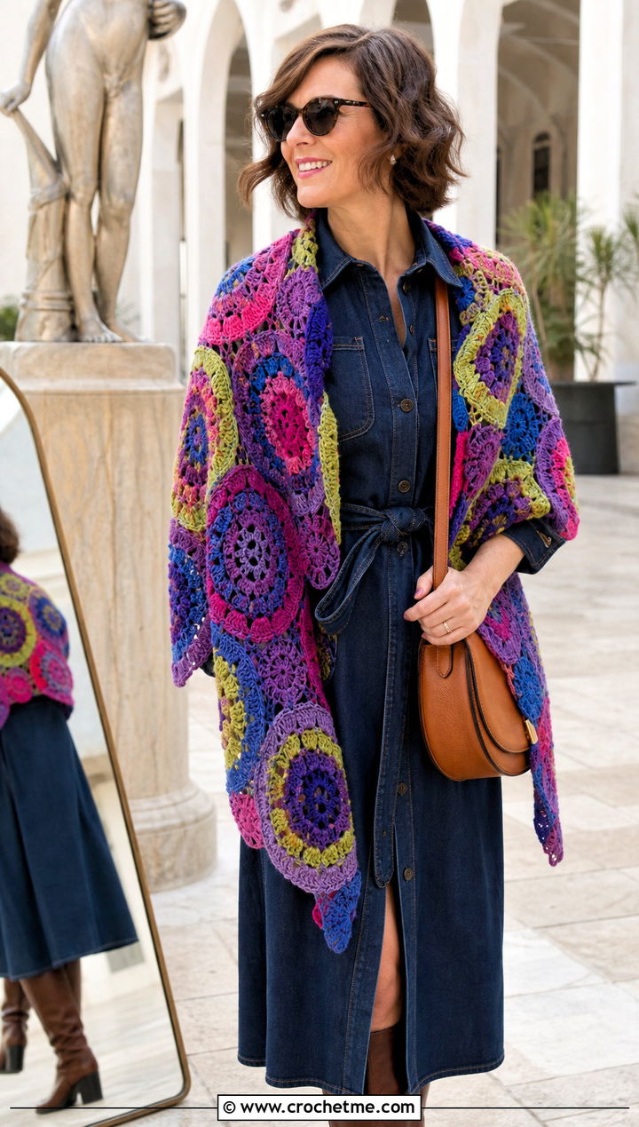Apollonia Motif Shawl With Denim Dress And Tall Boots - 15 kristin omdahl crochet shawl outfit ideas