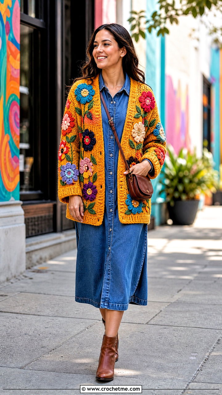 Applique Crochet Bog Jacket With Denim Dress - 35 Crochet Bog Jacket outfit ideas