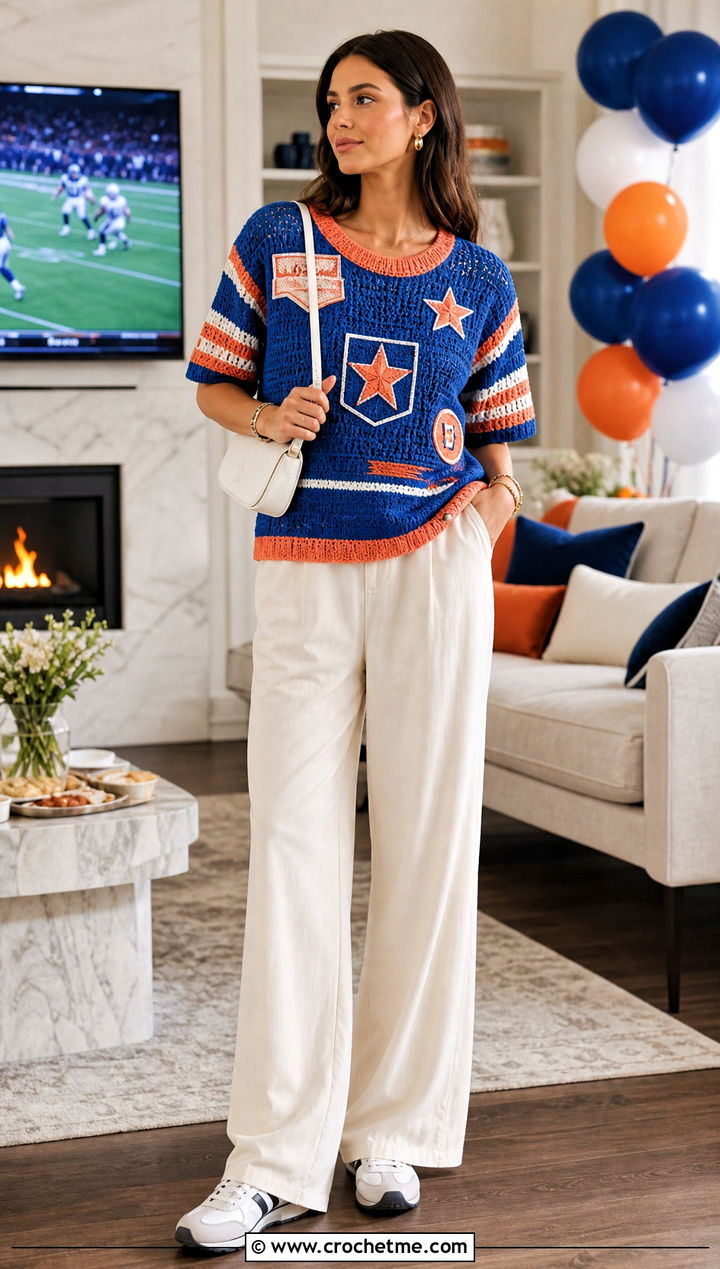 Applique Crochet Game Day Jersey Top With Relaxed Trousers - 25 Crochet Game Day Top outfit ideas
