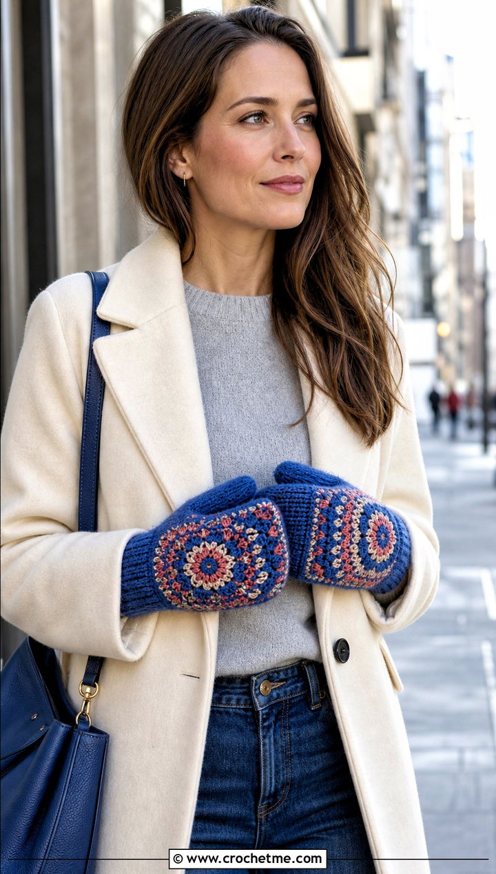 Applique Crochet Mittens With Minimal Coat - 30 crochet hand mittens outfit ideas