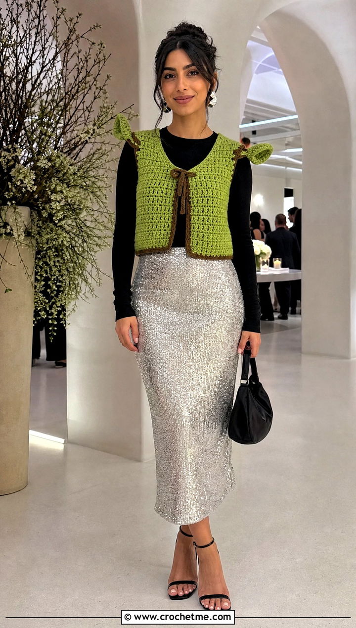 Applique Crochet Shrek Vest With a Sequin Midi Skirt - 15 Crochet Shrek Vest outfit ideas