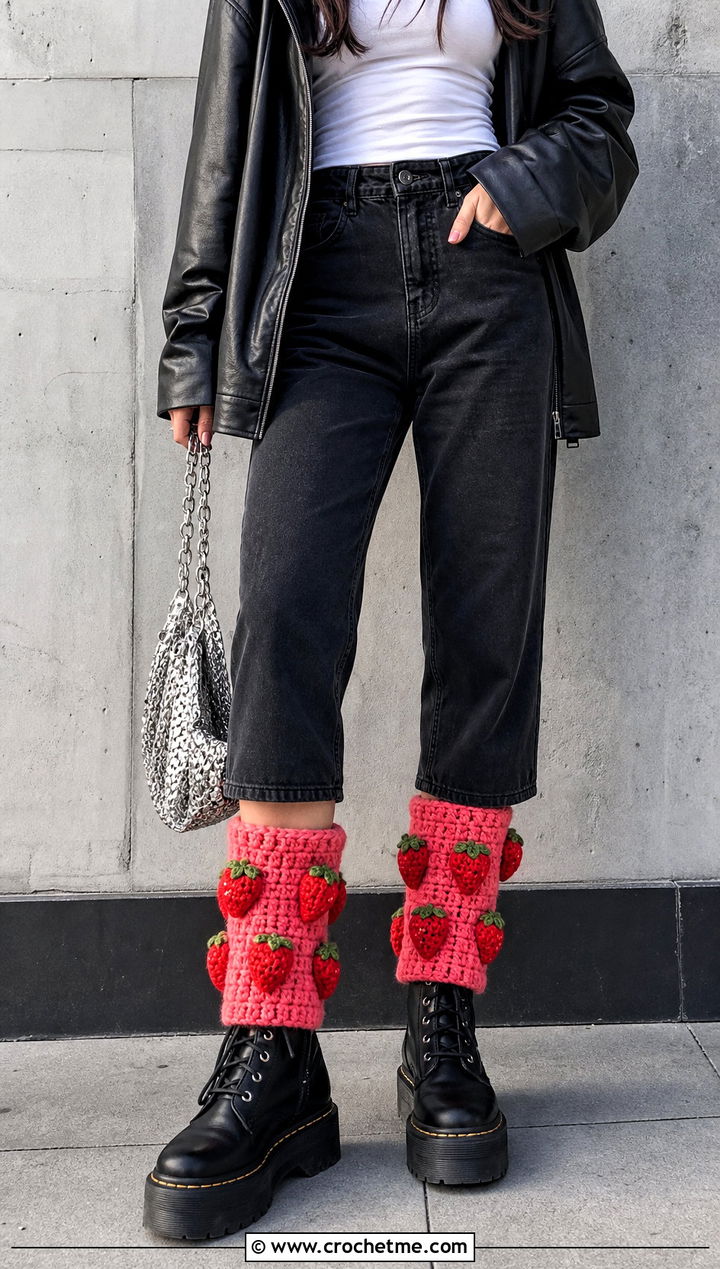 Applique Crochet Strawberry Leg Warmers With Leather Jacket - 15 Crochet Strawberry Leg Warmers outfit ideas