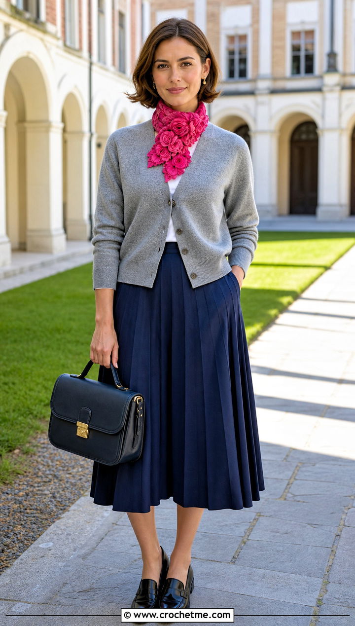 Applique Flower Scarf With Preppy Cardigan - 30 crochet scarf with flowers outfit ideas