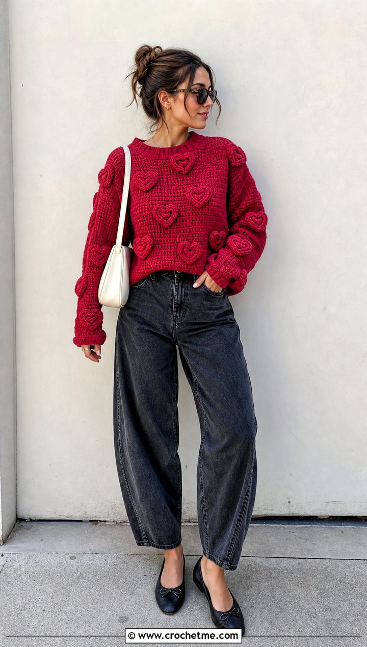 Applique Heart Crochet Sweater With Barrel Jeans - 35 crochet heart sweater outfit ideas
