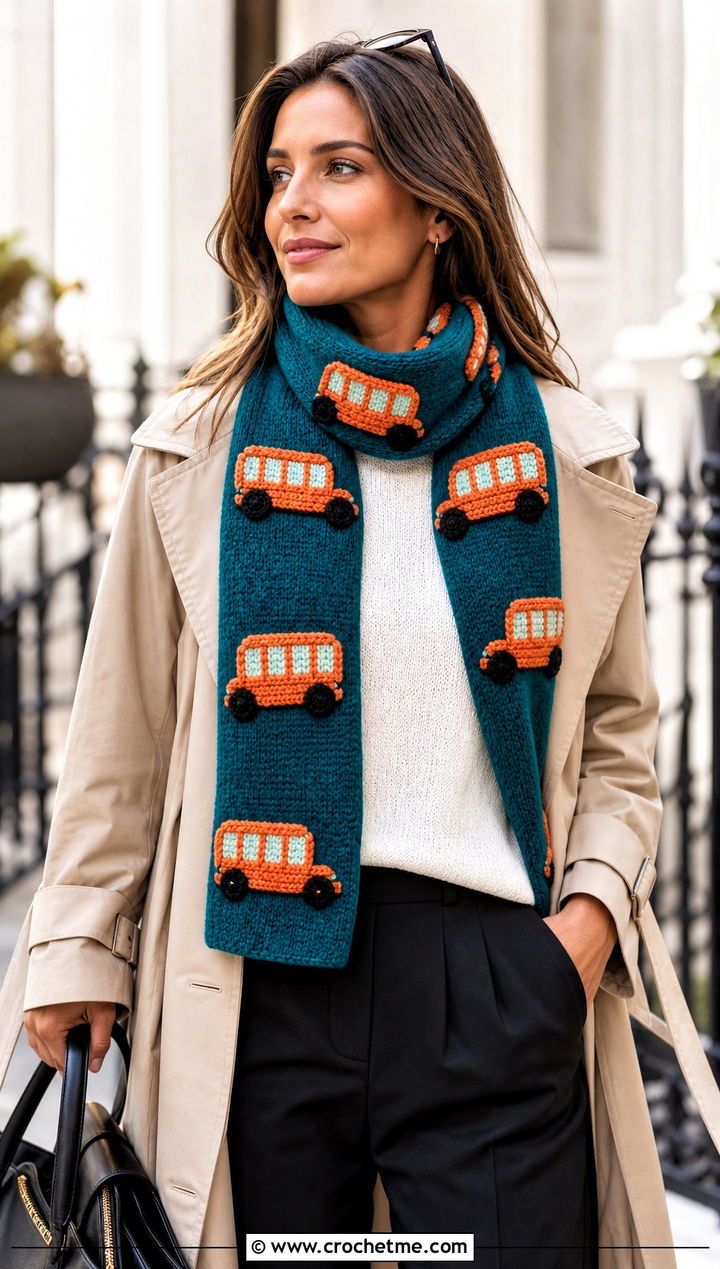 Applique School Bus Scarf With Trench Coat - 25 Crochet School Bus Scarf outfit ideas