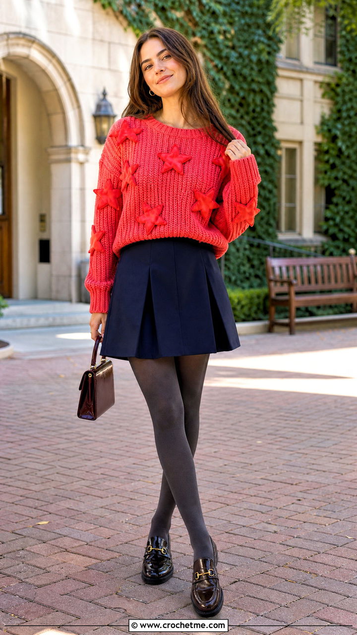 Applique Star Sweater With A Line Mini Skirt - 35 crochet star sweater outfit ideas