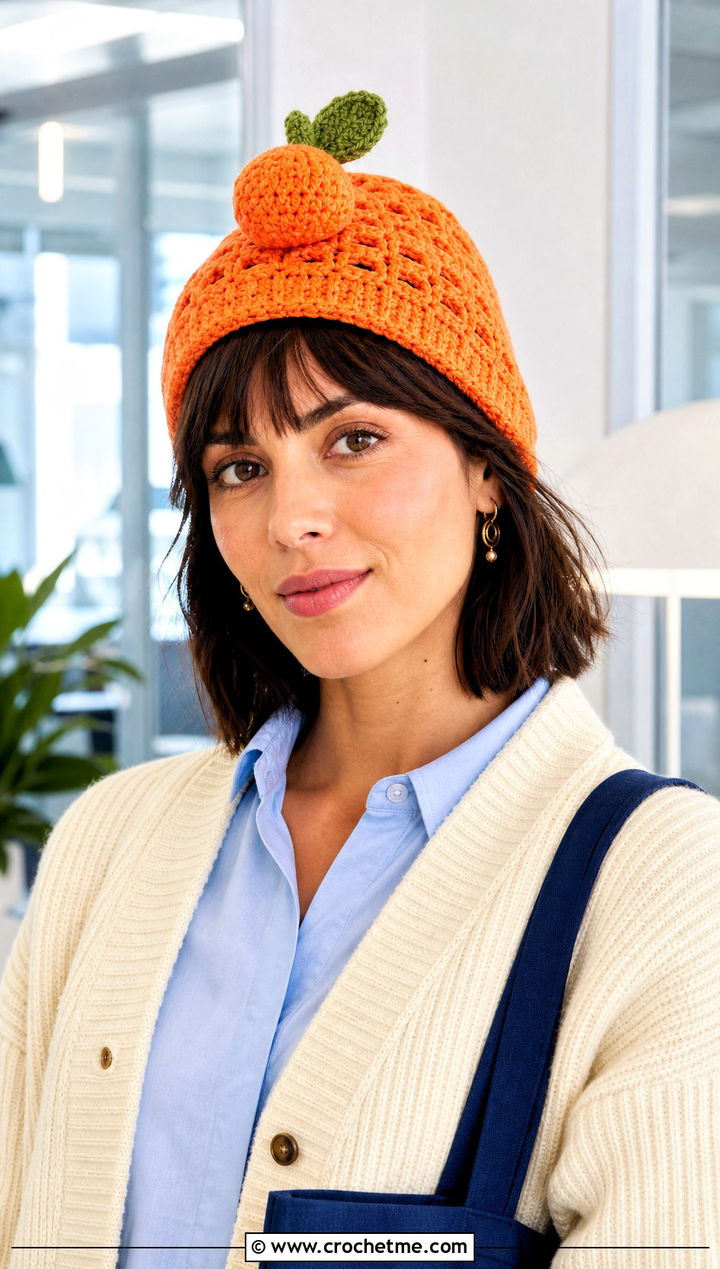 Apricot Crochet Beanie With Office Skirt - 30 crochet fruit beanie outfit ideas