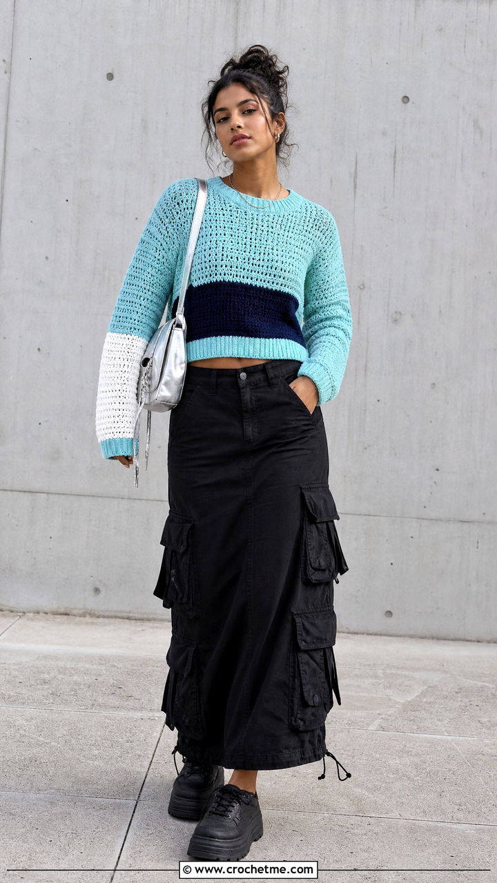 Aqua Blue Color Block Crochet Sweater With Black Cargo Skirt - 35 blue crochet sweater outfit ideas