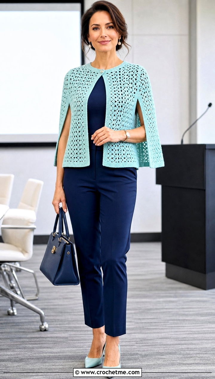 Aqua Crochet Cape Sweater With Cigarette Pants - 35 crochet light sweater outfit ideas
