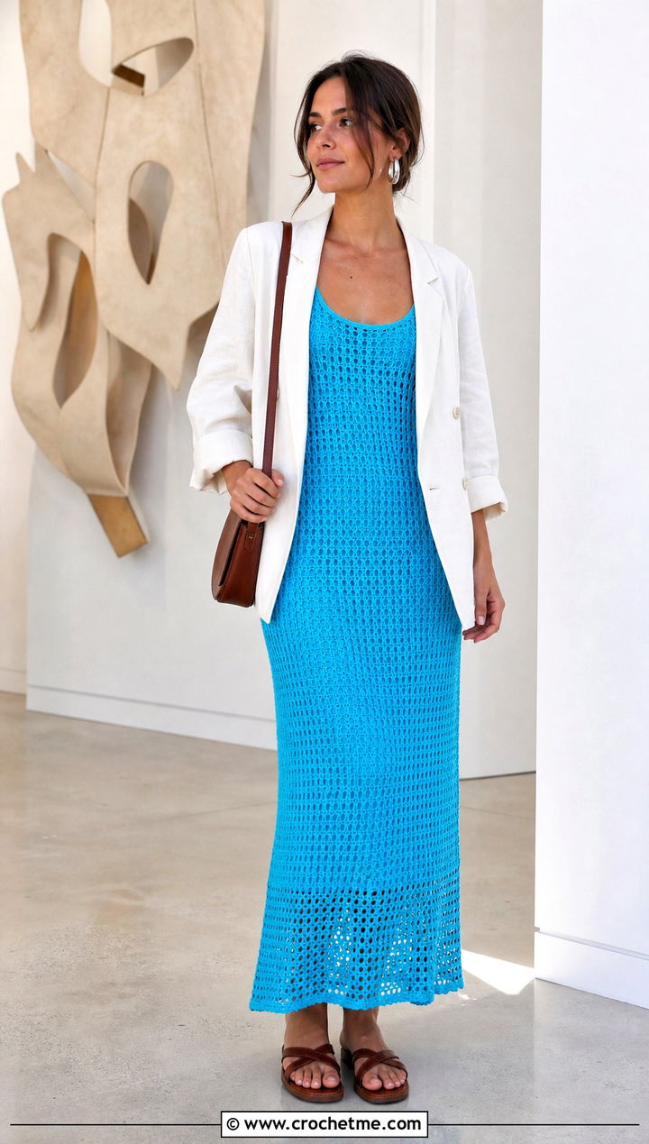Aqua Crochet Maxi Dress With Linen Blazer - 15 aqua crochet dress outfit ideas