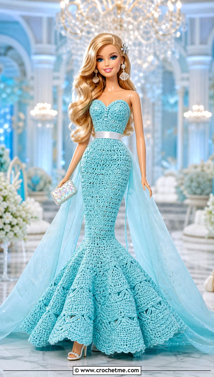 Aqua Mermaid Crochet Barbie Ball Gown - 30 crochet barbie ball gowns outfit ideas