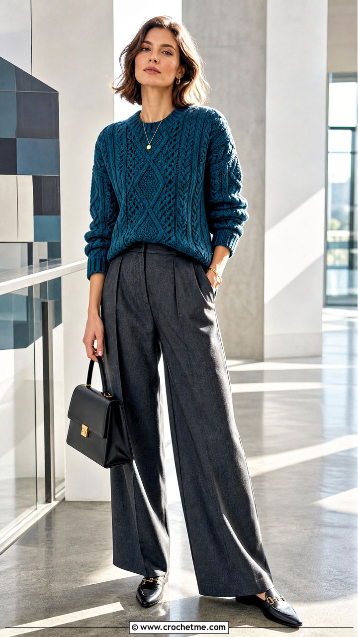 Aran Cable Crochet Sweater With Tailored Trousers - 35 cable crochet sweater outfit ideas
