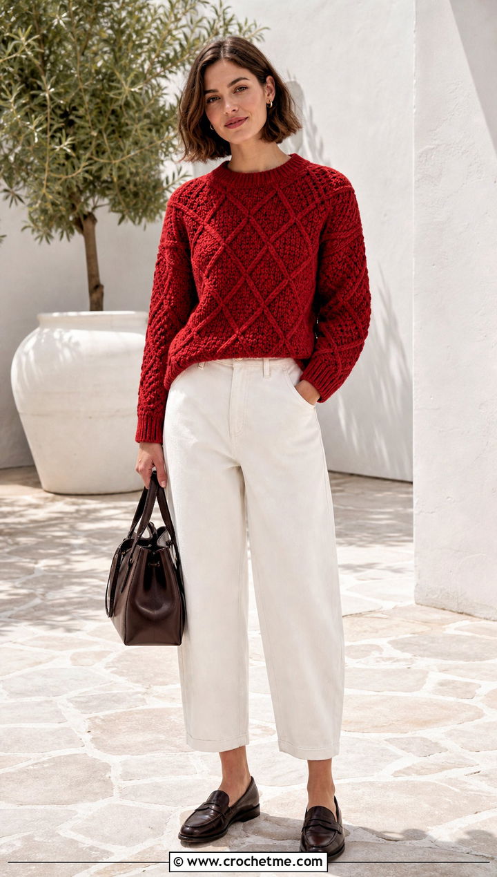 Aran Diamond Fisherman Crochet Sweater With White Jeans - 25 Fisherman Crochet Sweater outfit ideas