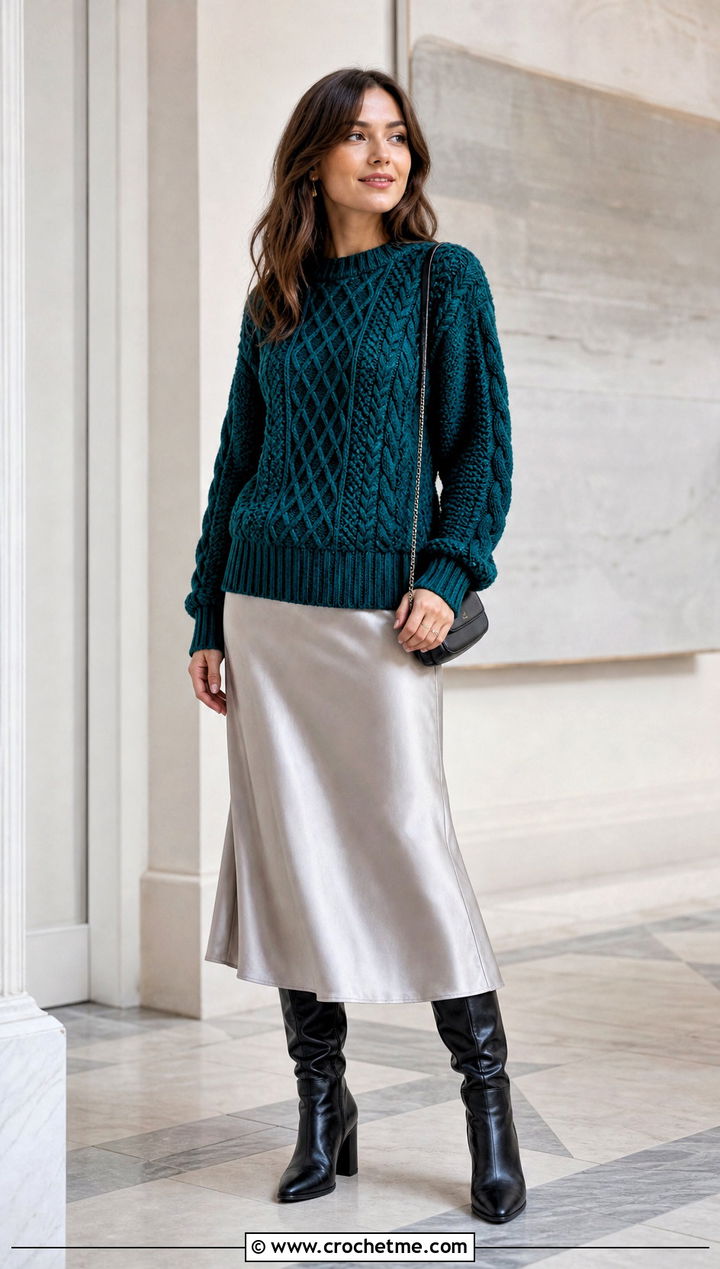 Aran Fisherman Crochet Celtic Sweater With Satin Midi Skirt - 15 Crochet Celtic Sweater outfit ideas