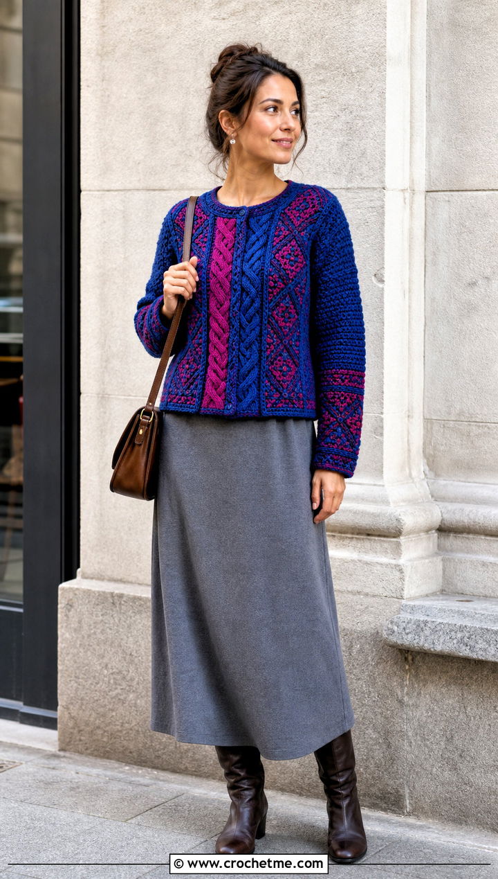 Aran Panel Irish Sweater With Maxi Dress - 25 Crochet Irish Sweater outfit ideas