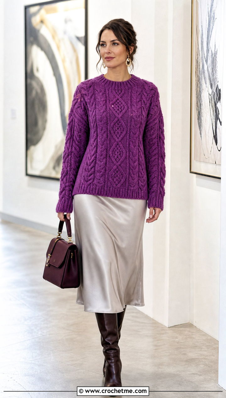 Aran Style Crochet Cable Sweater With Satin Midi Skirt - 25 Cable Knit Crochet Sweater outfit ideas