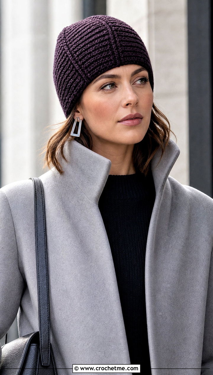 Architectural Crochet Short Row Beanie With Minimalist Outfit - 20 Crochet Short Row Beanie outfit ideas