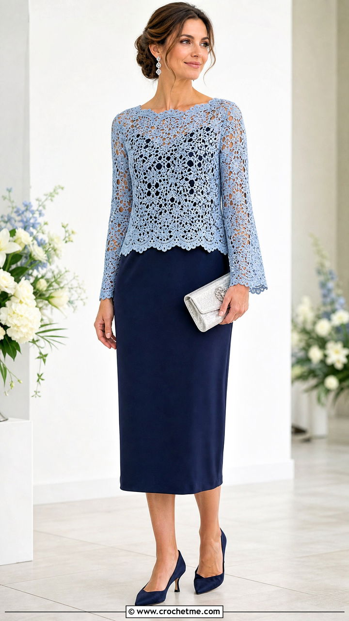 Arctic Blue Lace Crochet Sweater With Column Dress - 35 blue crochet sweater outfit ideas