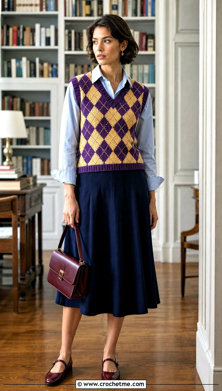 Argyle Checkered Crochet Vest With A Line Skirt - 15 Crochet Checkered Vest outfit ideas