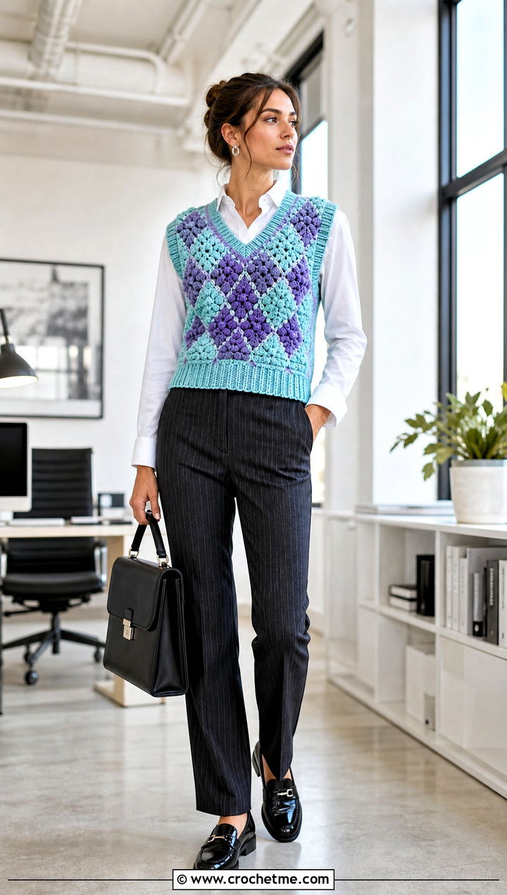 Argyle Chunky Crochet Vest With Pinstripe Trousers - 20 Chunky Yarn Crochet Vest outfit ideas