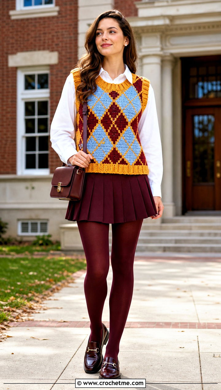Argyle Chunky Crochet Vest With Pleated Mini Skirt - 30 crochet chunky vest outfit ideas
