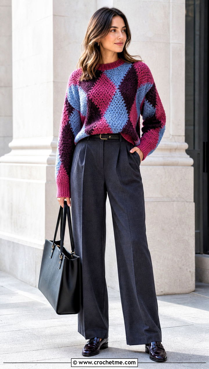 Argyle Crochet Chenille Sweater With Pleated Trousers - 25 crochet chenille sweater outfit ideas
