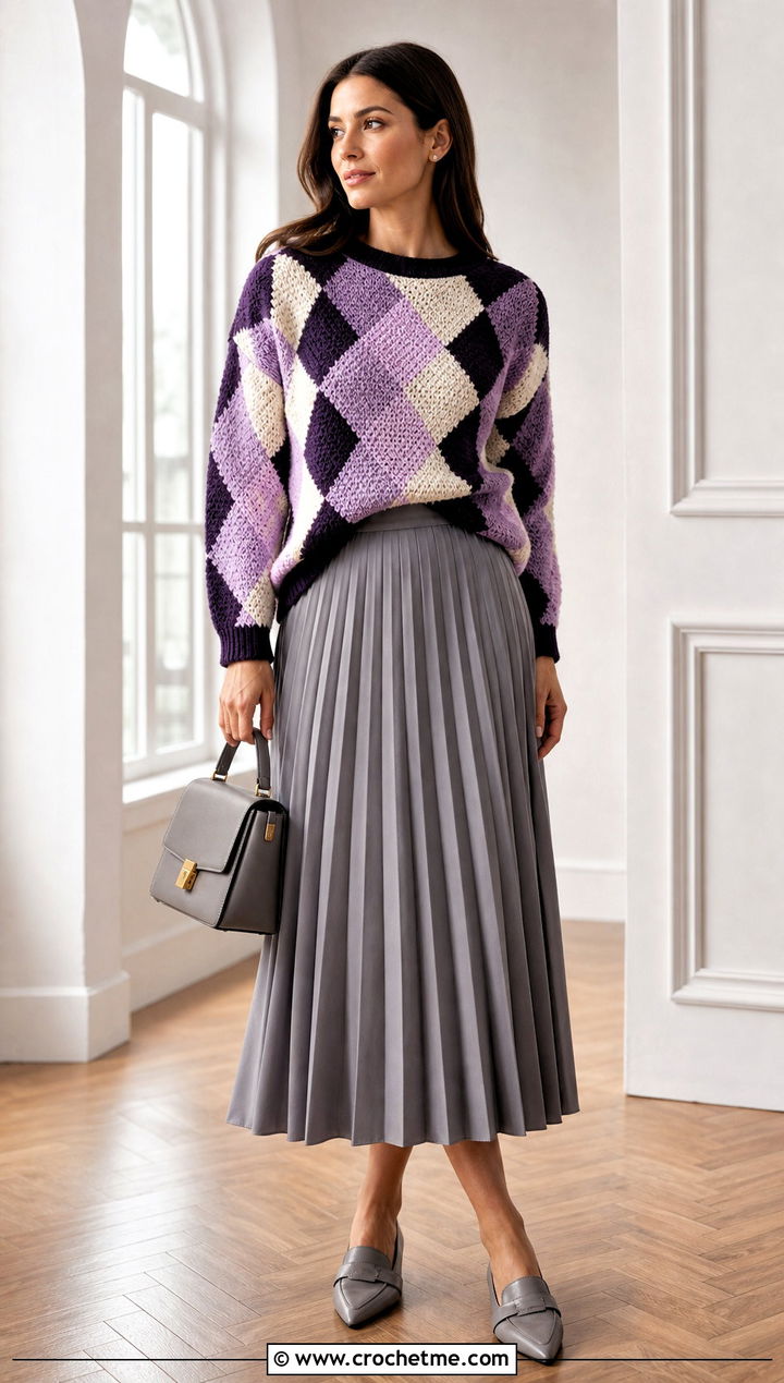 Argyle Crochet Grandpa Sweater With Pleated Midi Skirt - 25 Crochet Grandpa Sweater outfit ideas