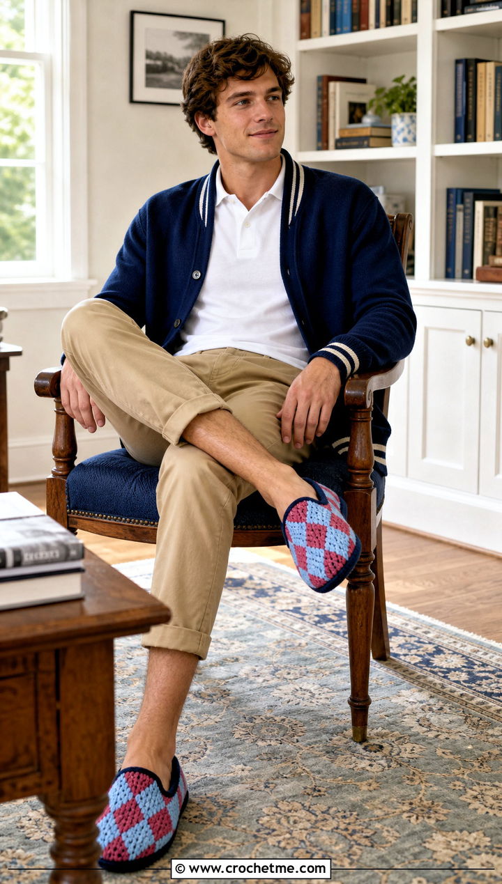 Argyle Crochet Mens Slippers With a Preppy Outfit - 30 crochet men's slippers outfit ideas