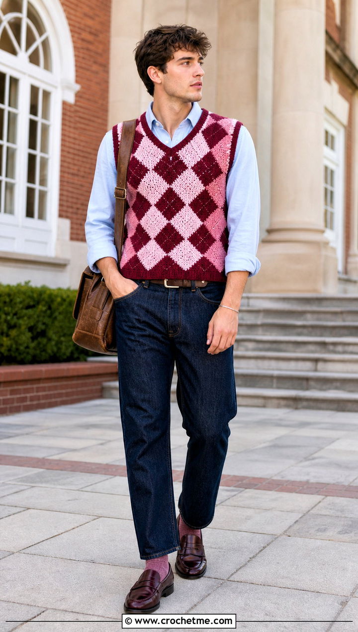 Argyle Crochet Mens Sweater Vest With Oxford Shirt - 25 crochet mens sweater vest outfit ideas